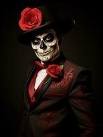 man in Day of the Dead makeup with playful pose AI Generative photo