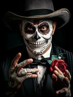 man in Day of the Dead makeup with playful pose AI Generative photo