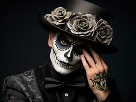 man in Day of the Dead makeup with playful pose AI Generative photo