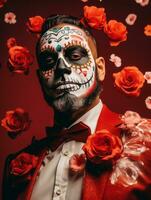 man in Day of the Dead makeup with playful pose AI Generative photo