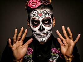 man in Day of the Dead makeup with playful pose AI Generative photo