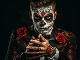 man in Day of the Dead makeup with playful pose AI Generative photo