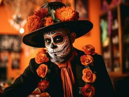 hombre en día de el muerto maquillaje con juguetón actitud ai generativo foto