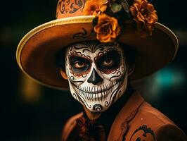 man in Day of the Dead makeup with playful pose AI Generative photo