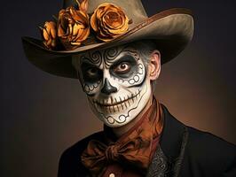 man in Day of the Dead makeup with playful pose AI Generative photo