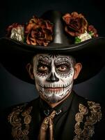 man in Day of the Dead makeup with playful pose AI Generative photo