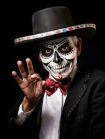 man in Day of the Dead makeup with playful pose AI Generative photo