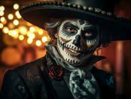 man in Day of the Dead makeup with playful pose AI Generative photo