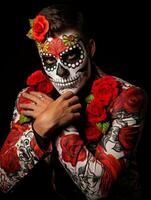 man in Day of the Dead makeup with playful pose AI Generative photo