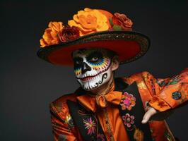 man in Day of the Dead makeup with playful pose AI Generative photo