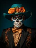 man in Day of the Dead makeup with playful pose AI Generative photo