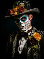 man in Day of the Dead makeup with playful pose AI Generative photo