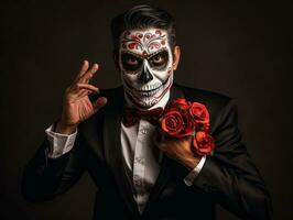 man in Day of the Dead makeup with playful pose AI Generative photo