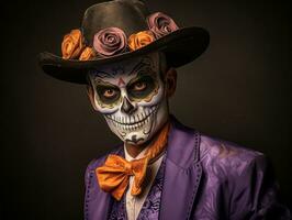 man in Day of the Dead makeup with playful pose AI Generative photo