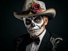 man in Day of the Dead makeup with playful pose AI Generative photo