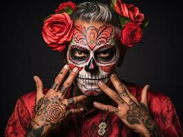 man in Day of the Dead makeup with playful pose AI Generative photo