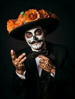 man in Day of the Dead makeup with playful pose AI Generative photo