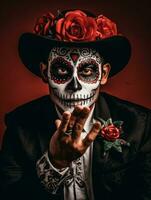 man in Day of the Dead makeup with playful pose AI Generative photo