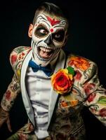 man in Day of the Dead makeup with playful pose AI Generative photo