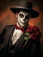 man in Day of the Dead makeup with playful pose AI Generative photo