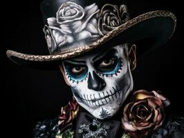 man in Day of the Dead makeup with playful pose AI Generative photo