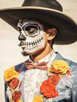 man in Day of the Dead makeup with playful pose AI Generative photo