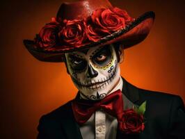 man in Day of the Dead makeup with playful pose AI Generative photo