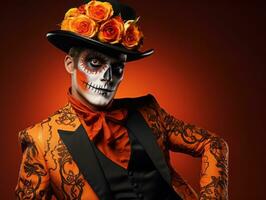 man in Day of the Dead makeup with playful pose AI Generative photo