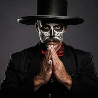 man in Day of the Dead makeup with playful pose AI Generative photo