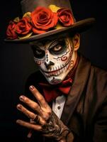 man in Day of the Dead makeup with playful pose AI Generative photo