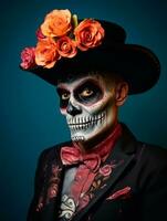 man in Day of the Dead makeup with playful pose AI Generative photo