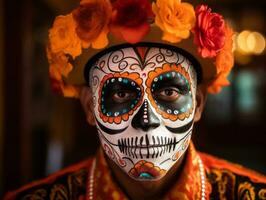 hombre en día de el muerto maquillaje con juguetón actitud ai generativo foto