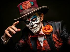 man in Day of the Dead makeup with playful pose AI Generative photo