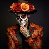 man in Day of the Dead makeup with playful pose AI Generative photo