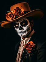 man in Day of the Dead makeup with playful pose AI Generative photo