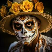 man in Day of the Dead makeup with playful pose AI Generative photo