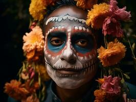 man in Day of the Dead makeup with playful pose AI Generative photo