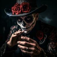 man in Day of the Dead makeup with playful pose AI Generative photo