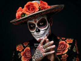 man in Day of the Dead makeup with playful pose AI Generative photo