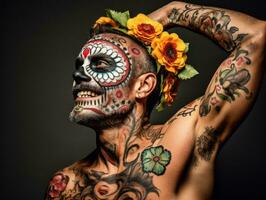 man in Day of the Dead makeup with playful pose AI Generative photo