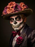 man in Day of the Dead makeup with playful pose AI Generative photo