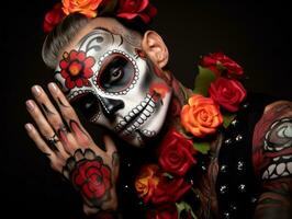 man in Day of the Dead makeup with playful pose AI Generative photo