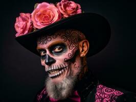 man in Day of the Dead makeup with playful pose AI Generative photo