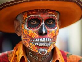 man in Day of the Dead makeup with playful pose AI Generative photo