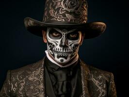 man in Day of the Dead makeup with playful pose AI Generative photo