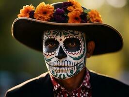 man in Day of the Dead makeup with playful pose AI Generative photo