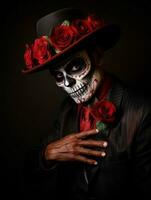 man in Day of the Dead makeup with playful pose AI Generative photo