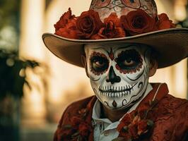 man in Day of the Dead makeup with playful pose AI Generative photo