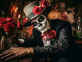 man in Day of the Dead makeup with playful pose AI Generative photo