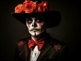 man in Day of the Dead makeup with playful pose AI Generative photo